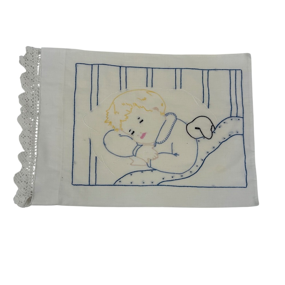 Vintage Hand Embroidered Baby Pillowcase Crochet Lace Trim Sleeping Child Puppy
